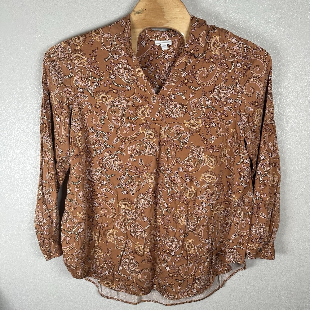 J Jill Womens Size XLTall Brown Paisley‎ Boho Tunic Top Long Sleeve Viscose